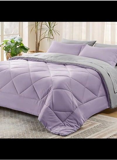 Buy 3Pcs Reversible Heavy Comforter Set - 3.6Kgs - Down Alternative Filling - (For Matress 160cm/180cm) - Size (230cm x 240cm) + 2 Pillow Case Covers (50cm x 70cm) - Lavender x Light Grey in Egypt