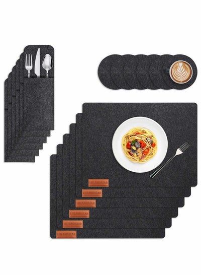 Buy Felt Placemats Coasters Cutlery Set, Heat-Resistant Non-Slip Table Place Mats for Home and Restaurant Washable Set with 6 Placemats, Coasters, Bags(Deep Grey) in UAE