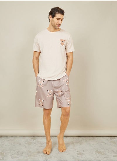 اشتري Teddy Print Crew Neck T-shirt and AOP Short Set في السعودية