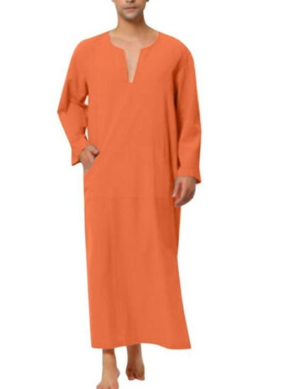 اشتري Men's Muslim Solid Color Loose Robe Thobe Long Sleeve Side Split Kaftan Orange في السعودية