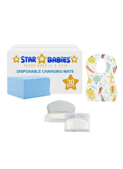 اشتري Star Babies Combo Pack (Disposable Changing mat 30pcs, Disposable Bibs 30pcs with  Disposable Breast Pad 5pcs) - Blue في الامارات