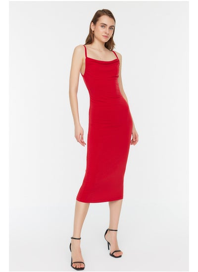 اشتري Red Fitted Neckline Midi Strap Stretchy Knitted Midi Dress TWOSS19AD0020 في مصر