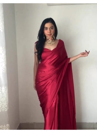 Buy Indian Bollywood Red Ready To Wear Stitched Saree With Unstitched Blouse in UAE