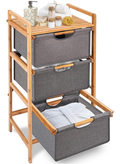 Buy Bamboo Bathroom Shelf, Durable Laundry Basket with 3 Pull-out Compartments Drawers, Wooden Laundry Towel Cabinet in Saudi Arabia