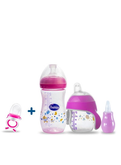 Buy 150 cup and 280 ml bottle with nipple for 6 months old, mucus pump with Fruit Food Feeder teether Gift Pink - Rose Assorted in Egypt
