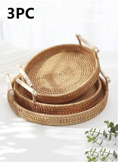 Buy 3-Piece Round Woven Serving Tray with Handles Brown 22, 24, 28cm in UAE