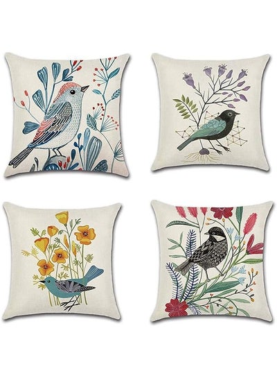 Buy Cushion Cover Square Pillowcase Floral Bird Cotton Linen Tape Invisible Zipper Pillowcase Upholstery Sofa for Bedroom Sofa Terrace Office (Set of 4, 18 x 18 in/45 x 45 cm) in UAE