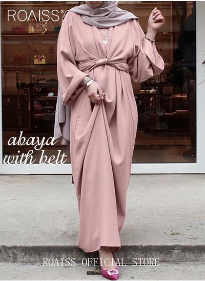 Buy Abaya with Belt for Women Ladies Long Sleeve Dress Classic Style Long Sleeve Tunic Round Neck Casual Elegant Dress for Daily Outfit in UAE