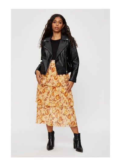 Buy Ochre Floral Chiffon Tiered Midi Skirt in UAE