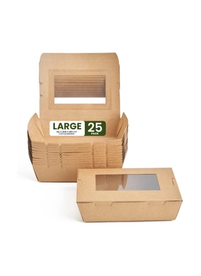 Buy Ecoway Large Kraft Lunch Box With Window Food Container Made With Craft Paper For Meals & Dessert, Take Away Container, Disposable, Eco-friendly, Compostable, Paperbox Restaurants - Pack Of 25, Brown in UAE