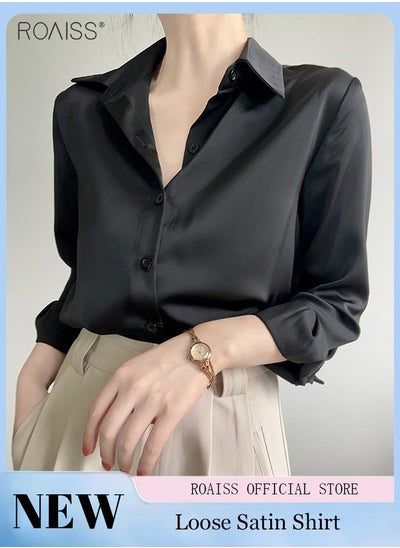 اشتري Women's Satin Luminous Drape Shirt Casual Versatile Loose Top Classic Polo Collar Long Sleeved Shirt With Button Closure في الامارات