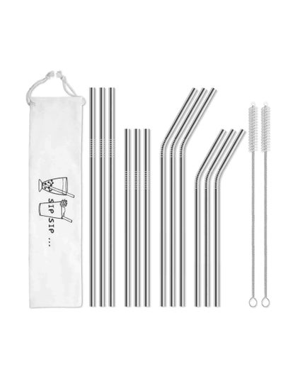 Buy Stainless Steel Metal Straws, Reusable-Long Straws Suitable For 30oz And 20oz Glasses, 15-Piece Set (6 Curved + 6 Straight 2 Cleaning Brushes 1 Bag, Silver) in UAE