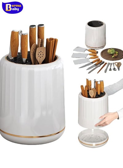 Buy Rotating Knife Holder Knife Block with Drain Tray for Kitchen Counter,Universal Knife Block Without Knives,3 in 1 Multi-function Rotating Knife Block,Flatware Utensil Drying Rack in Saudi Arabia