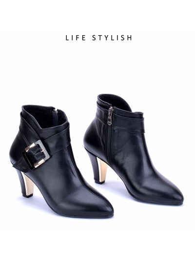 اشتري R-6 Elegant Leather High Heel Boot With A Buckle - Black في مصر