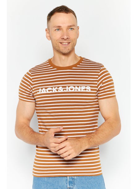 اشتري Men Crew Neck Short Sleeves Stripe T-Shirt, Brown في الامارات