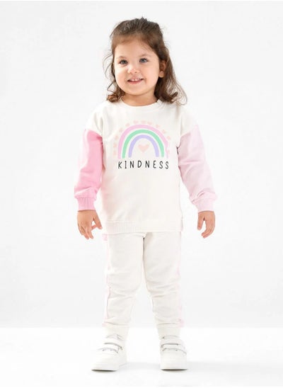 Buy Bonfino 100% Cotton French Terry Full Length Drop Shoulder Color Block Winter Wear Co-ord Set with Rainbow Print - White(9-24M) in UAE