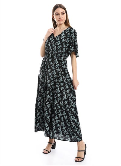 اشتري V Neck Below Knee Length Black & Mint Floral Dress في مصر