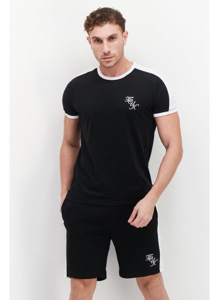 Buy Men 2 Piece Brand Logo Short Sleeve T-Shirt And Drawstring Short Set, Black/White in UAE