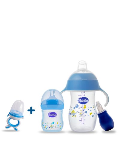 Buy 280 ml cup with 2 Teats Cup and Natural Nipple for 6 Months and 150 ml bottle with nipple for 1 months old, mucus pump with Fruit Food Feeder teether Gift Blue in Egypt