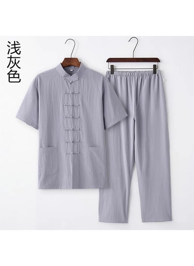 اشتري Mens Cotton Linen Tang Suit Summer Casual Light gray [short sleeve + trousers]] في السعودية