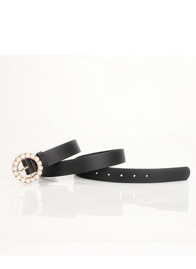 Buy Elegant And Intelligent Ladies Trend Round Pearl Pin Buckle Belt 105cm Black in UAE