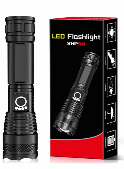 Buy Flashlight Led USB Rechargeable 5000 lumens Torch Light XHP50, Super Bright 5 Modes Flashlights IP67 Waterproof Zoomable for Outdoor Camping Hiking Emergency in UAE