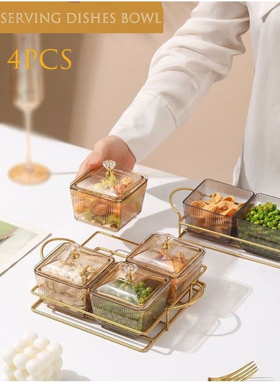 Buy 4Pcs Clear Candy and Nut Serving Container set with Metal Rack Serving Dishes Tray Divided with Lid Salad Food Nuts Storage Tray Condiment Dish Rack Set Brown in Saudi Arabia