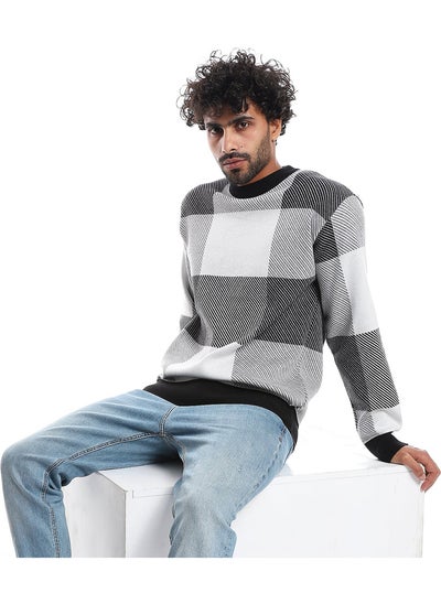 Buy Windowpane Pattern Round Collar Knit Pullover _ Black & OffWhite in Egypt