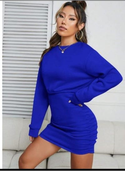 Buy SHEIN Essnce Solid Drop Shoulder Ruched Sweatshirt Dress in Egypt