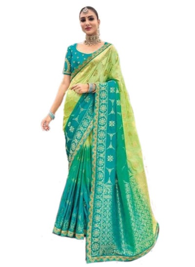 اشتري Silk double color shades of Blue and Green Saree having beautiful Embroidery Border All Over Plus Unstitched Blouse في الامارات