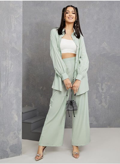 Buy Solid Longline Shirt & Wide Leg Pants Co-Ord Set in Saudi Arabia