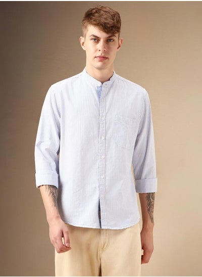 Buy Regular Fit Blue Cotton Shirt Mandarin Collar in UAE