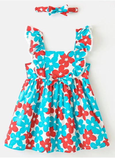 Buy Babyhug 100% Cotton Woven Frill Sleeves Floral Print Frock With Headband - Red/Blue/White(12-24M&2-6Y) in UAE