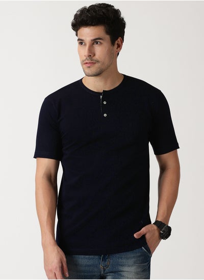 اشتري Button Up Round Neck Cotton T-Shirt ( Dark Blue) في الامارات