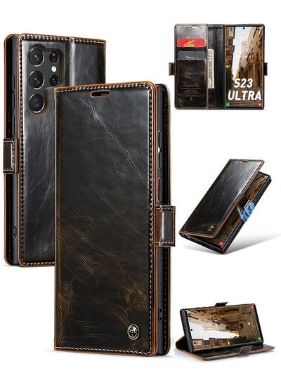 Buy Leather Case for Samsung Galaxy S23 Ultra Wallet Case, Premium Luxury Retro Flip Magnetic Bracket with Card Slot S23 Ultra Cover 2023  Dark Brown in UAE