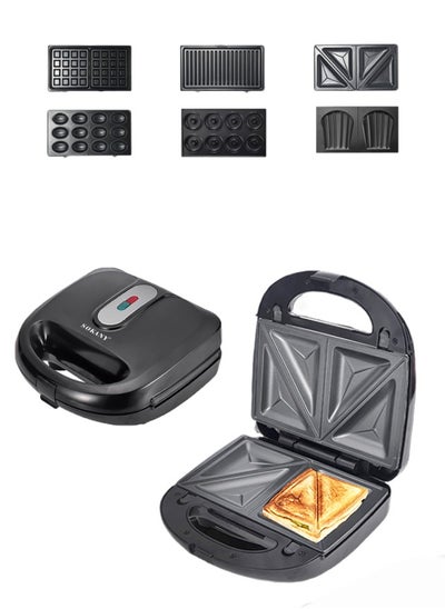 Buy 6-In-1 Non-Stick Multi Sandwiches Maker with Sandwich+Grill+Waffle+Donut+Nutties+Shell Detachable Plates, Snacks Maker, Sandwich Heater for Home Kitchen, 2 Slices,750W SK-908 Black/Silver. in Saudi Arabia