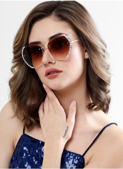 اشتري Women's Butterfly Rimless Sunglasses, UV400 Protection Sun Glasses with Rhinestones Decoration, Oversize Fashion Anti-glare Sun Shades for Women with Glasses Case, 60mm في السعودية