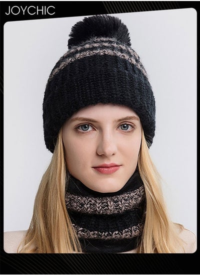 اشتري 2-piece Winter Brimless Hat Scarf Set Thick Warm Knitted Plush Hat Neck Warm Windproof Suitable for Women Outdoor Sports Black في الامارات