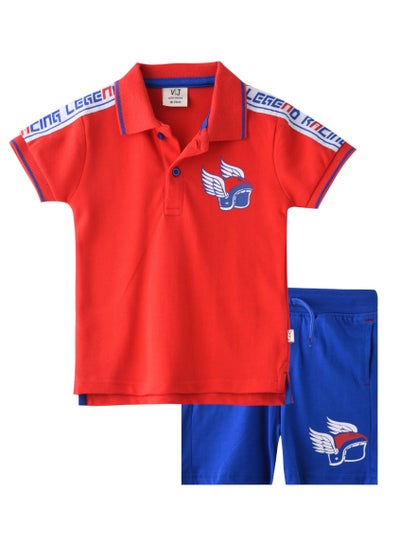 Buy Baby Boys 2 piece Set - T-Shirts & Shorts - Red and Blue (100% Cotton)- VJ in UAE