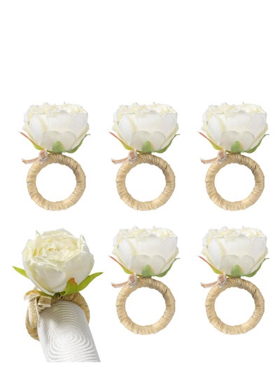 Buy Napkin Rings, Set of 6 White Flower Napkin Holders Dinner Tables Rings, Made of Fabric Flowers and Hemp Rope Construction for Wedding, Party, Christmas, Holiday, Thanksgiving, Cream White Rose in UAE