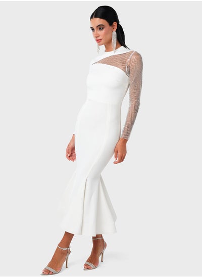 اشتري Diamante Mesh Insert Peplum Hem Dress في السعودية