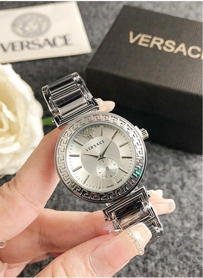 اشتري Versace Women's Cubic Zirconia Classic Fashionable Round Quartz Watch, Comes with Silver Stainless Steel Strap and 32mm dial Gift في الامارات