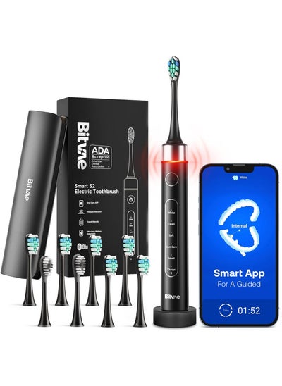 Buy Bitvae Smart Ultrasonic Whitening Electric Toothbrush for Adults - Bluetooth Electric Toothbrush with Pressure Sensor & Smart Timer, ADA Accepted Rechargeable Toothbrush, 8 Brush Heads, Black S2 in Saudi Arabia