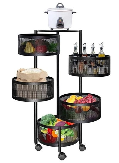 اشتري 5 Layer Round Shape Rotating Multipurpose Cart Kitchen Storage Shelf For Fruits And Vegetables Basket With 4 Movable Wheels Black Colour في الامارات