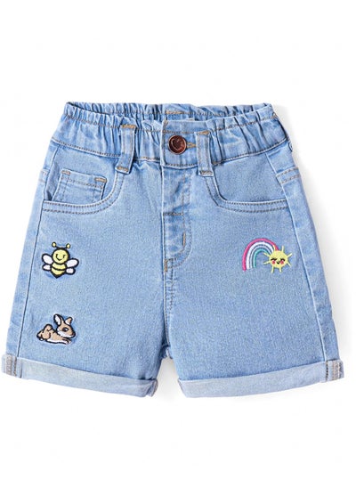 Buy Babyhug Cotton Denim Shorts with Rainbow Bunny & Honeybee Embroidery - Blue in UAE