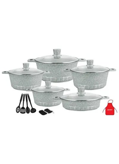 اشتري 17-Piece Granite Cookware Set Includes 1xCasserole With Lid 20cm, 1xCsserole With Lid 24cm, 1xCasserole With Lid 28cm, 1xCasserole With Lid 32cm, 1xShallow Casserole With Lid 28cm, 7xCooking Tools Grey في الامارات