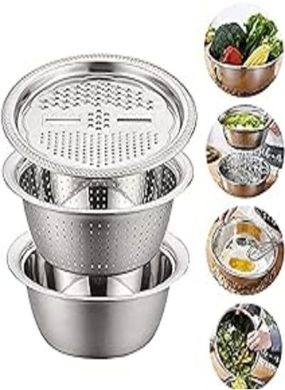 Buy 2020 New Multifunctional Stainless Steel Washing Basin with Grater 3 in 1 Vegetable Cutter Wing Strainer Fruit Vegetable Washing Bowl Drain Basket (28cm) in Egypt