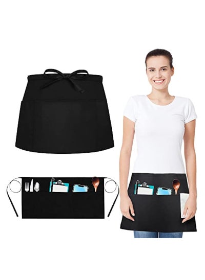 اشتري 2 Pieces Waist Apron, Waiter Waitress Apron, 3 Pockets Half Apron, Unsex Gardening Black Short Aprons, Cotton Black Apron Cooking Kitchen Aprons for Men and Women Kitchen Cooking Cleaning Painting في الامارات