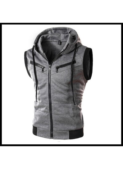 Buy 2023 Fall Mens Sleeveless Hooded Vest Slim ZipDark gray Dark gray in UAE