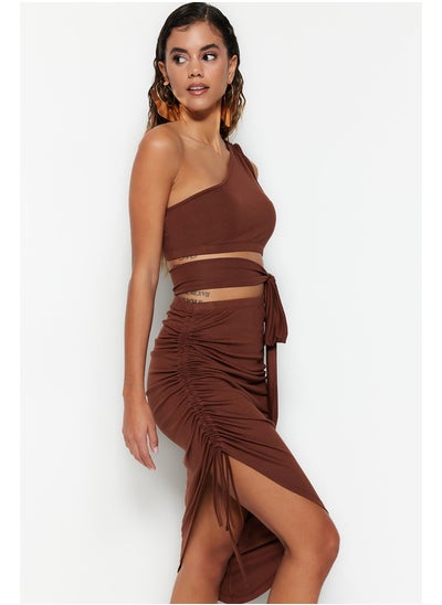 Buy Brown Knitted Gathered One Shoulder Blouse Skirt Set TBESS22AU0224 in Egypt